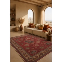 Salon Halısı Bordo Krem Etnik Desenli Kaymaz Taban Th-3025-2 Kırmızı - Krem - Lacivert