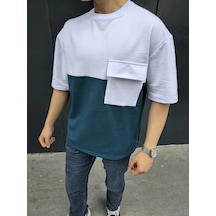 Barlashive Erkek Kısa Kol Yazlık Tişört Torba Cepli Parçalı T-shirt - Lacivert Çok Renkli