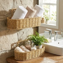 By Nevser 2 Li Duvar Askılı Plastik Rattan Organizer Oval Hasır Görünümlü Mutfak Raf Sepeti, Banyo Ve Ev İçi Düzenleme Ünitesi Diğer