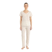 Seamlife Kadın %100 Pamuk Kalp Desenli Önü Düğmeli Kısa Kollu Pijama Takımı 18121787 Ekru
