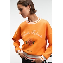 Grımelange VALLUNE Kadın Kontrast Triko Etek Ucu Manşet Ve Yakalı Nakış Crop Turuncu Sweatshirt
