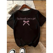 Medinenur Just Girl Yazı Detaylı Basic T-shırt Siyah