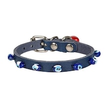 Gerçek Deriden El Yapımı Boncuklu Kedi Boyun Tasması 1x18-22 Cm, Lacivert