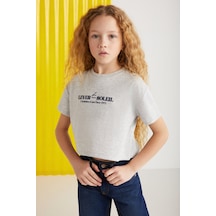 Grimelange Agate-grm24025 100% Pamuk Baskılı Kısa Kollu Kız Çocuk T-shirt Grimelanj T-shirt Gri Melanj