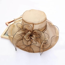 Kahve Çiçek Organze Geniş Kenarlı Kadın Plaj Güneş Şapkası