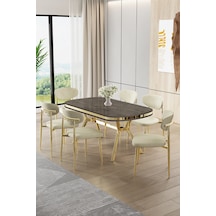 Canisa Olya Serisi 90x168 Lak Panel Antrasit İroni Masa Takımı Gold Ayaklı 6 Krem Sandalye Antrasit İroni Masa Krem Sandalye