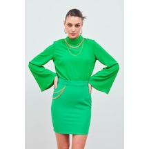 Sateen Zincir Aksesuarlı Mini Etek - Yeşil