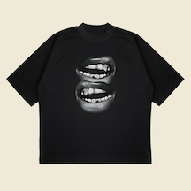 Tarzsokak Grillz Teeth Baskılı Oversize Unisex Pamuklu Nefes Alan Kalın Kumaşlı Siyah