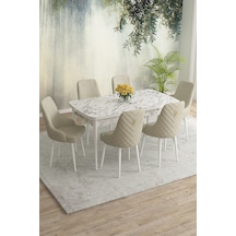 Eylül Beyaz Mermer Desen 80x132 Mdf Açılabilir Yemek Masası Takımı 6 Adet Sandalye Krem
