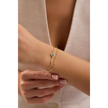 925 Ayar Gümüş Gold Kaplama Çift Zincirli Nazar Göz Model Bileklik