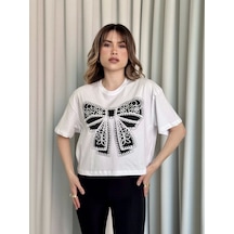 Oversize Beyaz Baskılı Crop Tişört Beyaz