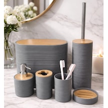 6 Parça Banyo Seti, Bambu Detaylı, 8l Çöp Kovası 24x26x16 Cm Gri Çok Renkli