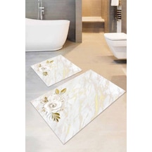 Gold Çiçek Temalı Banyo Halısı Klozet 2'li Paspas Seti Bs019n11