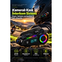 Kameralı Motosiklet Kask İnterkomu 2k Hd Video Kayıt Bluetooth 6.0 Rgb Işıklı Ip65 1500mah Kask Kulaklığı