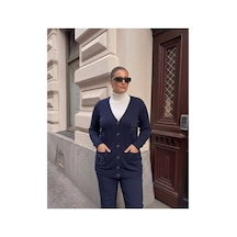 Onno Style Women Çelik Örgü Taş Aksesuarlı Klasik Triko Ceket Lacivert