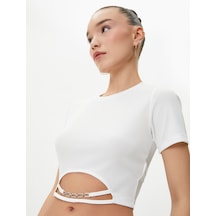 Koton Crop Tişört Metal Aksesuar Detaylı Kısa Kollu Bisiklet Yaka Ekru 4sal10036ık 4SAL10036IK010 Ekru
