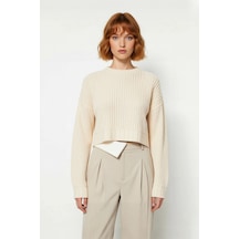 Ersefa Kadın Bordo Oversize Kesim Fitilli Triko Crop Kazak Uzun Kollu Bi Ekru