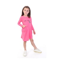 Toontoy Kız Çocuk Baskılı Relax Fit Bisiklet Yaka Uzun Kollu Cepli Elbise - Fuşya