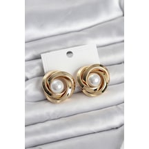 Pirinç Gold Renk Sarmal Model İncili Kadın Küpe Çok Renkli