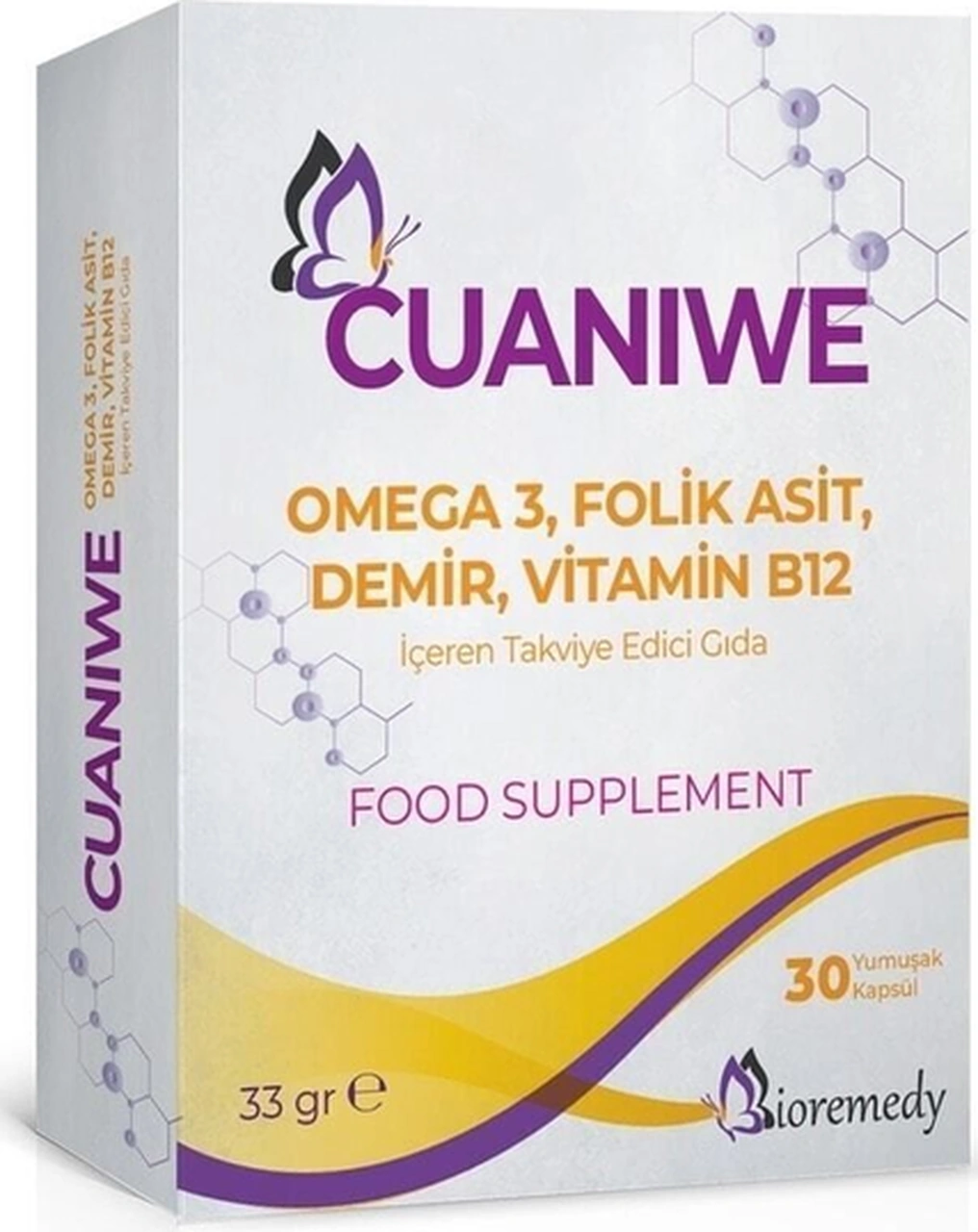 Cuaniwe Omega 3 Folik Asit Demir Vitamin B12 İçeren Takviye Edici Gıda 30 Yumuşak Kapsül