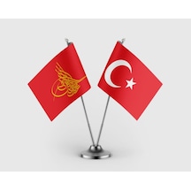 Osmanlı Tuğrası Ve Türkiye Bayrağı İkili Saten Masa Bayrağı Takımı Diğer