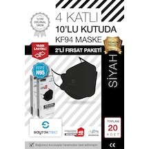 N95/FFP2 Kore Tipi 4 Katlı Siyah Maske, Tekli Poşet, Uv Steril (2 Kutu/ 20 Adet)
