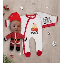 Bk Kids Bk Gift Kişiye Özel Yılbaşı Temalı Tulum Zıbın Kukuletalı Şapka Ve Bebek Yastık Hediye Seti-3 Çok Renkli
