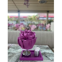 Dekor Yapay Eva Gülkablosuz Masa Lambası Üst Mor-alt Gümüş /tepsi Dahil Set 9v Pil 75-90 Saat