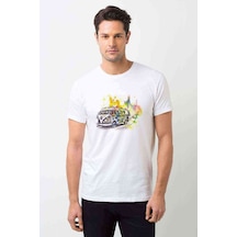 T1 Minibüs Gri Ton Volkswagen Beetle Baskılı Beyaz Erkek Tshirt