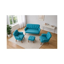 Home Deri Çay Seti 2+1+1 Puf Hediyeli Turkuaz, Ceviz Ayak Turkuaz