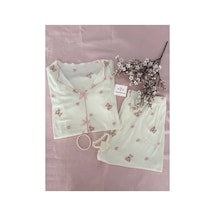 Mh Moony Homewears Kısa Kol Pembe Ayıcık Özel Doku Pijama Takımı Pembe Somon