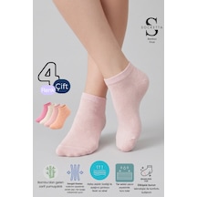 Socketta 4'lü Karışık Renkli Kadın Bambu Kendinden Desenli Patik Çorap - Premium Şeker-pembe-kayısı-bej