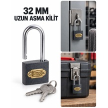 32 Mm Gri Uzun Kelepçeli Asma Kilit 2 Anahtarlı Depo, Dolap Ve Takım Çantası Kilidi