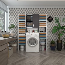 Kenzlife Çamaşır Makinesi Dolabı Sinemmaksduble Gri 180 126 30 Banyo Kapaklı Arkalıklı Raflı Çok Renkli