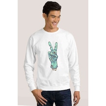 Zombie Peace Baskılı Beyaz Erkek Örme Sweatshirt