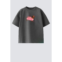 Monila Kız Çocuk Pamuklu Bisiklet Yaka Baskılı T-shirt Antrasit