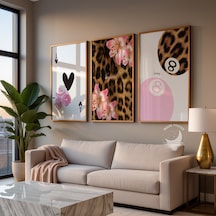 3 Lü Leopar Desenli Pembe Çiçekli Çerçevesiz Poster Seti, Modern Dekoratif Poster, Ev Dekorasyonu
