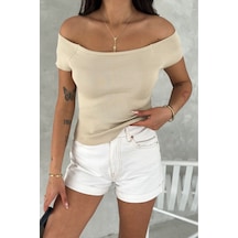 Femelle Kadın Bej Standart Beden Triko Crop Bluz