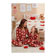 Rindahomewear Anne-kız Ayıcık Desenli Düğmeli Örme Uzun Kollu Pijama Takımı Bordo