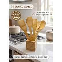Doğal Bambu 4'lü Mutfak Servis Seti Ve Standı - Isıya Dayanıklı Ahşap Kaşık Spatula Seti