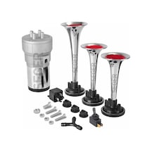 Korna - 563 - Kompresörlü Üç Plastik Borulu 12v - Ece-umay - Krom Renkli