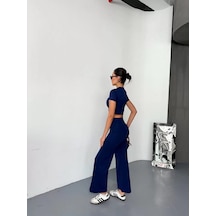 Tarzyeri Kadın Osy Modal Yumuşak Kumaş Kısa Kollu Crop Alt İspanyol Paça Pantolon İkili Takım - Lacivert Beyaz