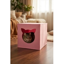 Pembe Keçe Kedi Yuvası Dekoratif Mama Kabı Altlığı Hediyeli Organizer Düzenleyici Katlanabilir