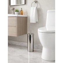 Paslanmaz Çelik Silindir Tuvalet Fırçası Kapalı Hazneli, Modern Wc Fırçası Seti Vıchy-7046 Gümüş