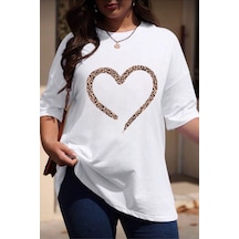 Love Kadın Büyük Beden Battal Baskılı Bisiklet Yaka Pamuklu T-shirt Rahat Kesim Unisex Sevgili Kombini Beyaz