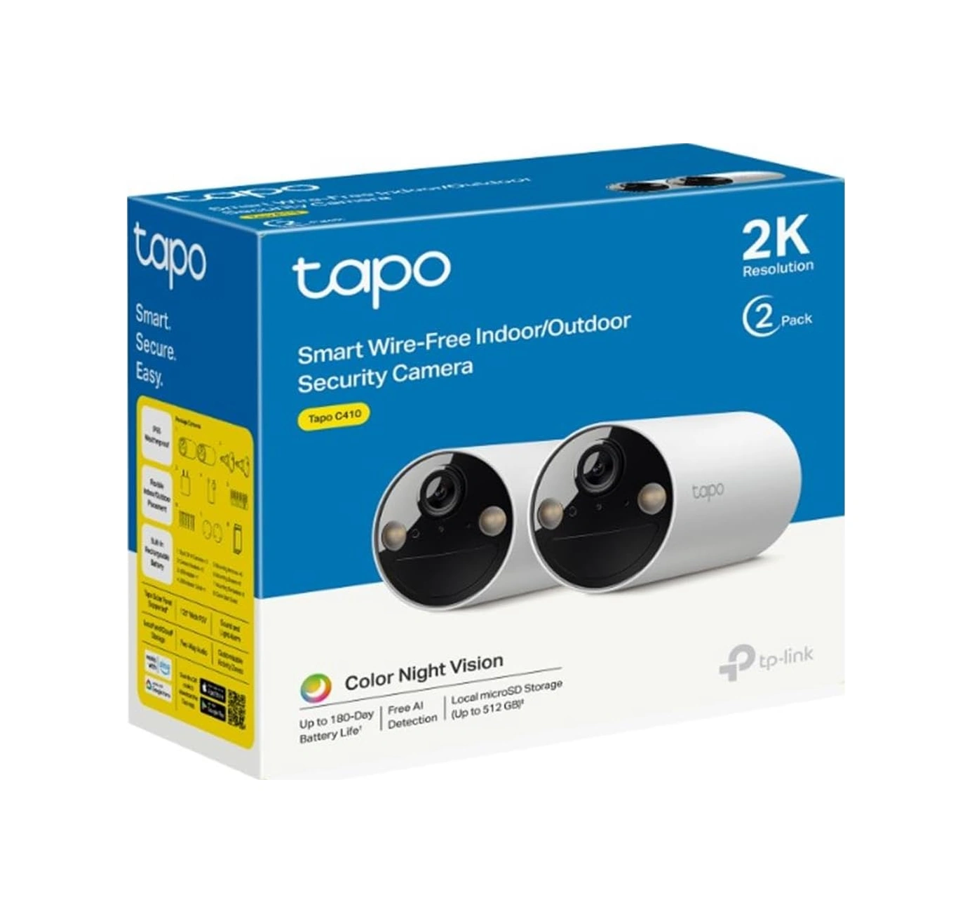 C410 2-pack, 2k 3mp, Renkli Gece Görüşü, Şarj Edilebilir, Solar Panel Destekli, Ip65, Yerel/bulut Depolama, 110 Açılı, Işıklı Ve Sesli Alarm, Kablosuz Bataryalı Güvenlik Kamerası