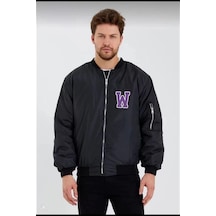 Wild One Baskılı Erkek Bomber Mont Panter Desenli, Fermuarlı, Kapitone Astarlı Ceket - Siyah Siyah