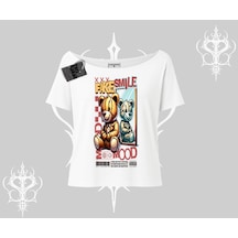 Tarzsokak Kayık Yaka Tshirt Fake Smile Mood Ayıcık Grafik Baskılı Beyaz
