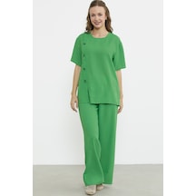 Düğme Detaylı Keten Görünümlü Rahat Takım - Yeşil Yeşil