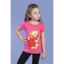 Toontoy Kids Toontoy Kız Çocuk Kalpli Ayıcık Baskılı Taş İşlemeli Tişört Fuşya